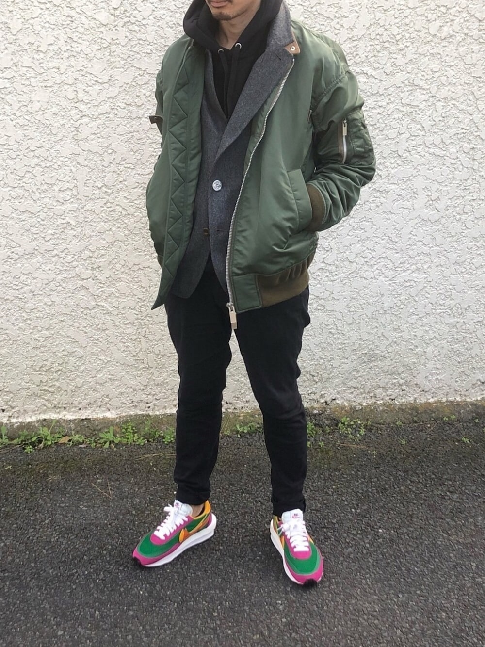 「sacai、年末WEAR感謝祭」｜「Sacaiのアイテム（MA-1、グリーン系）」を使った、tkymst_lさん（メンズ・175cm）の冬コーディネートの1枚目の写真