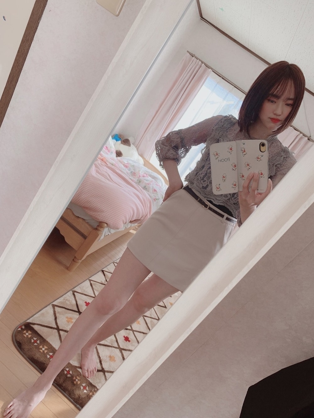 「オトナカジュアル、レース」｜「GRLの細ベルト付き台形ミニスカート（スカート、ホワイト系）」を使った、ぽんりぽさん（レディース・170cm）の秋コーディネートの1枚目の写真