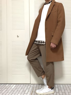 「tk.TAKEO KIKUCHI（ティーケータケオキクチ）のアイテム（チェスターコート）」を使った、みことさん（メンズ・169cm）の秋コーディネート