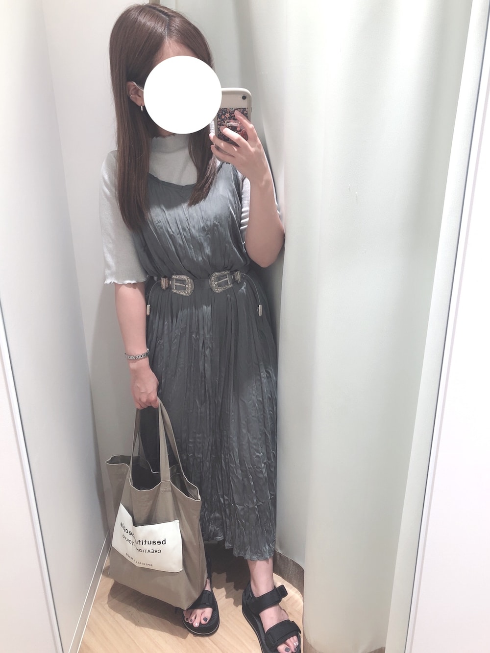 「夏コーデ、ワンピース、低身長、w closet、ワッシャーワンピース、スポーツサンダル、コンチョベルト、クリアベルト、トートバッグ」｜「📍アップのアイテム（その他、その他）」を使った、Komugiさん（レディース・152cm）の夏コーディネートの1枚目の写真