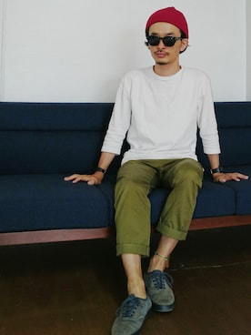 「BLUE WORK（ブルーワーク）のアイテム（パンツ）」を使った、AKIRAKUBOTAさん（メンズ・171cm・30代）の夏コーディネート