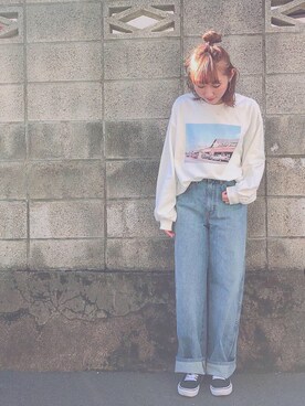 「UNIQLO（ユニクロ）のハイライズワイドストレートジーンズ（デニムパンツ）」を使った、みぃさん（レディース・156cm）の冬コーディネート