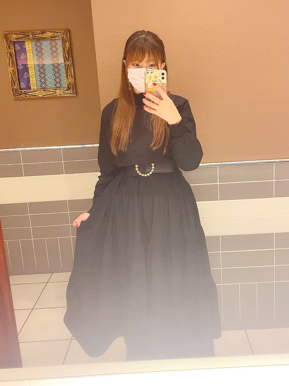「ブラック、黒、黒コーデ、ワンピース、マキシワンピ、可愛い」｜「axes femmeのアイテム（財布/小物、ブラック系）」を使った、asuyunさん（レディース・162cm）の春コーディネートの1枚目の写真