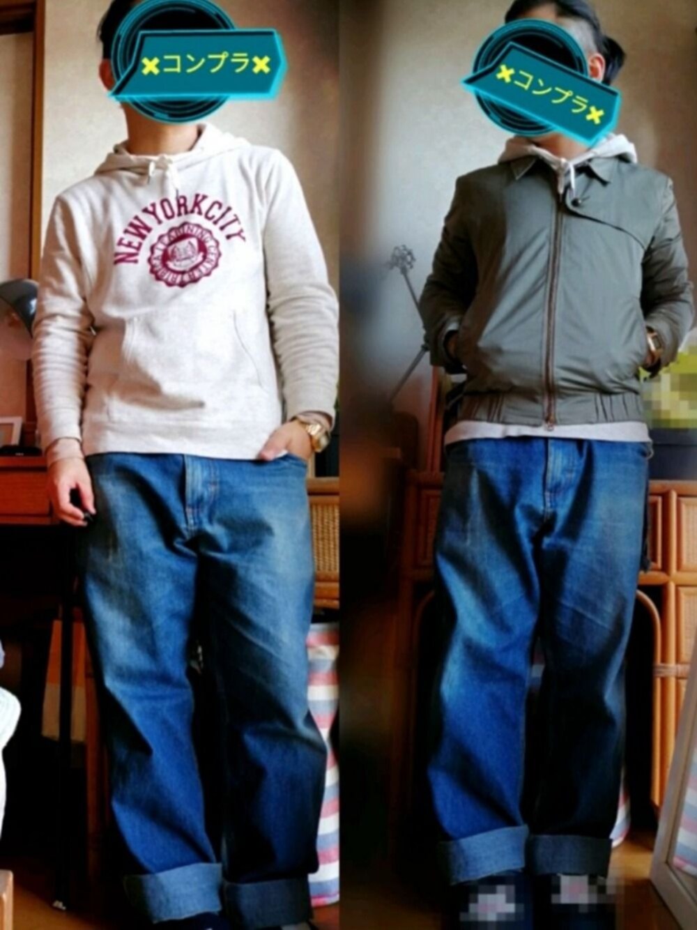 ホワイト系のパーカー、グリーン系のブルゾン、ブルー系のデニムパンツを着用したメンズの春コーディネートの1枚目の写真