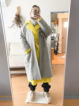 「sneeuw（スニュウ）のアイテム（ノーカラーコート）」を使った、千紘さん（レディース・154cm）の冬コーディネート