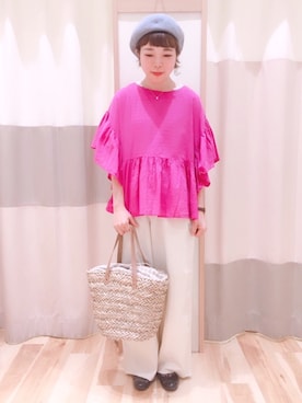 「袖ボリューム」｜「アイテム（ハンチング/ベレー帽）」を使った、みなも (･×･)さん（レディース・152cm）の夏コーディネート