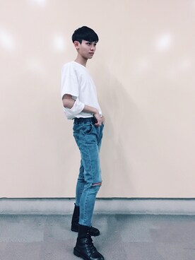 「.のアイテム（ブーツ、ブラック系）」を使った、Kisschunさん（メンズ）の春コーディネート