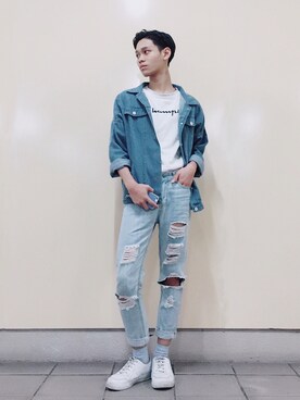 「Champion（チャンピオン）のアイテム（Tシャツ/カットソー、ホワイト系）」を使った、Kisschunさん（メンズ）の春コーディネート