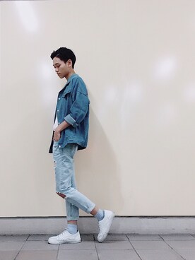 「Champion（チャンピオン）のアイテム（Tシャツ/カットソー、ホワイト系）」を使った、Kisschunさん（メンズ）の春コーディネート