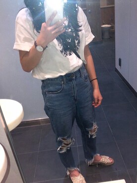 「American Eagle（アメリカンイーグル）のアイテム（デニムパンツ、ブルー系）」を使った、koさん（レディース・154cm）の夏コーディネート