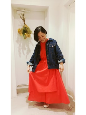 「CHILD WOMAN（チャイルドウーマン）の12.5OZデニム      レースアップ ビッグGジャン（デニムジャケット、ブルー系）」を使った、chiiiさん（レディース・152cm）の春コーディネート