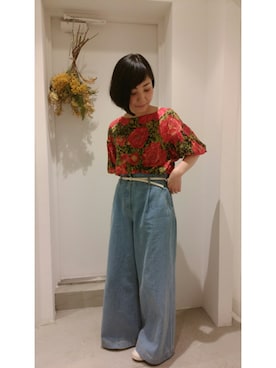 「Dot＆Stripes CHILD WOMAN（ドットアンドストライプス　チャイルドウーマン）の●12ozﾃﾞﾆﾑ          ﾊｲW ﾊﾞｷﾞｰﾊﾟﾝﾂ●（デニムパンツ、ブルー系）」を使った、chiiiさん（レディース・152cm）の春コーディネート