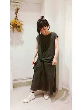 「CHILD WOMAN（チャイルドウーマン）の30/-天竺ピグメント製品染めシリコンバイオ前リボンワンピース（ワンピース、グレー系）」を使った、chiiiさん（レディース・152cm）の春コーディネート