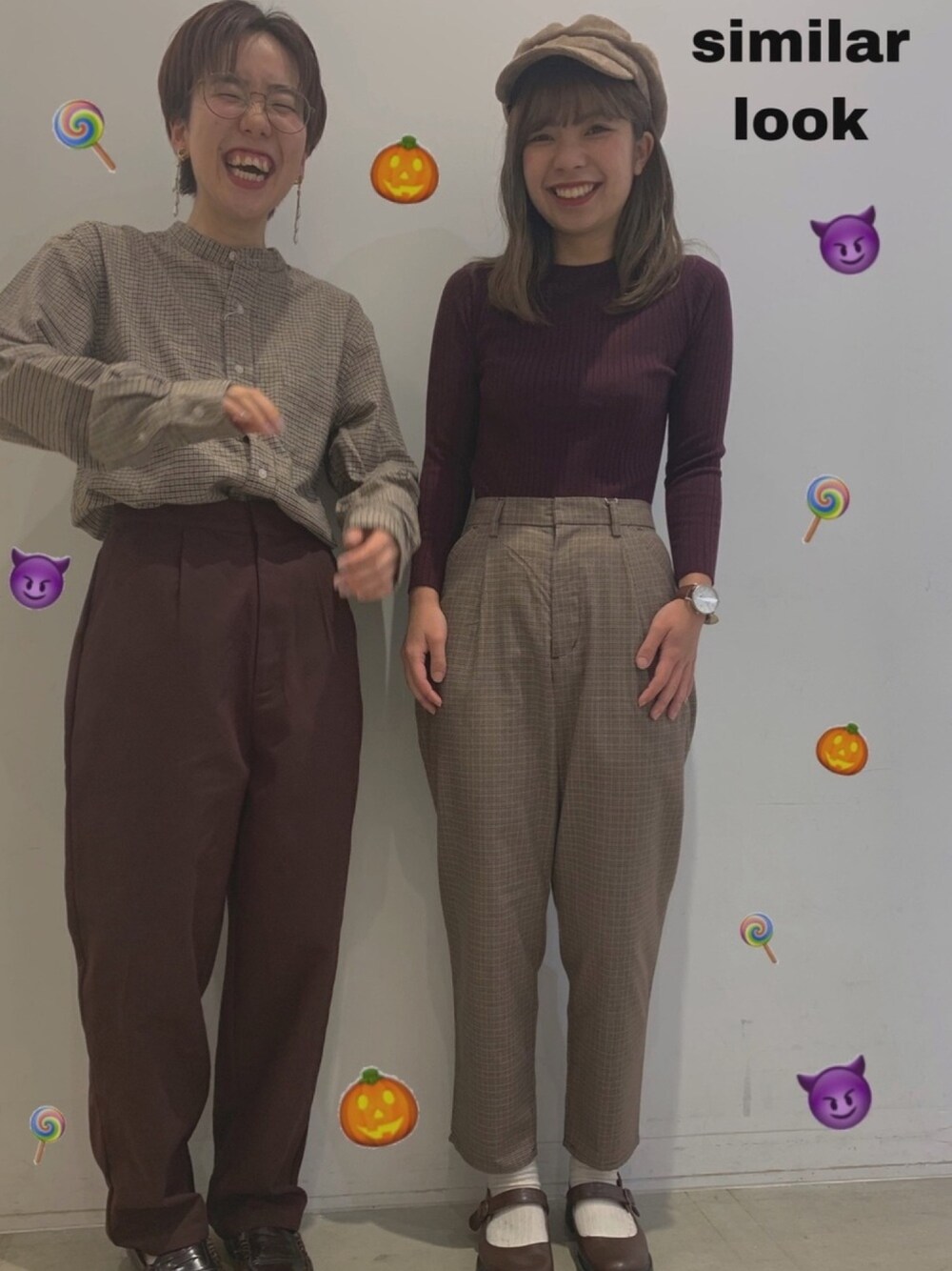 「カジュアルコーデ、秋冬コーデ、パンツスタイル、チェック柄に恋してる、シミラールック、ブラウンコーデ、ボルドー、チェックパンツ、チェックシャツ、いいね、save、フォローお願いします🤑」｜「koeのチェックテーパードパンツ（その他パンツ、ブラウン系）」を使った、sorさん（レディース・159cm）の秋コーディネートの1枚目の写真