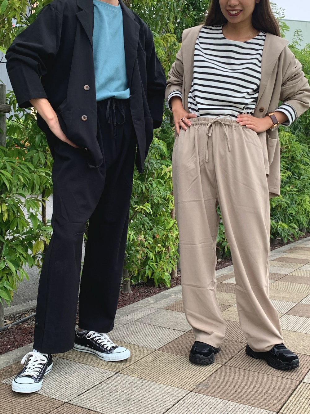 「ラブアンドピース2020、秋のコーデ、カップルコーデ、秋服準備はじめました、シミラールック、セットアップ、ジェンダーレス、スタッフセンバツ、KOE、いいね、save、フォローお願いします🤑」｜「koeの【2020AW】セットアップ対応/羽織りダブルジャケット〇（テーラードジャケット、ブラック系）」を使った、sorさん（レディース・158cm）の秋コーディネートの1枚目の写真