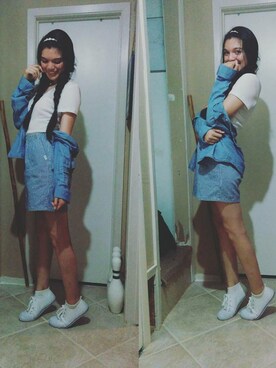 「OLD NAVY（オールドネイビー）のアイテム（ジャケット/アウター、ブルー系）」を使った、Paulina Sjöbergさん（レディース・175cm）の夏コーディネート