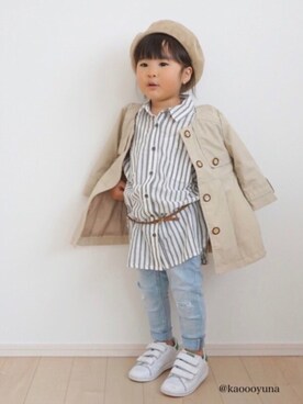 「ロールアップ」｜「アイテム（シャツワンピース）」を使った、kaoooyunaさん（キッズ・90cm）の春コーディネート