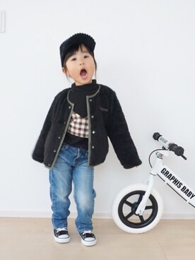 「古着」｜「アイテム（ノーカラージャケット）」を使った、kaoooyunaさん（キッズ・100cm）の冬コーディネート