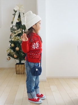 「カウチンセーター」｜「アイテム（ニットキャップ/ビーニー）」を使った、kaoooyunaさん（キッズ・100cm）の秋コーディネート