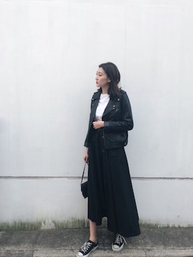「トレンチスカート」｜「アイテム（ライダースジャケット）」を使った、miyaさん（レディース・169cm）の冬コーディネート