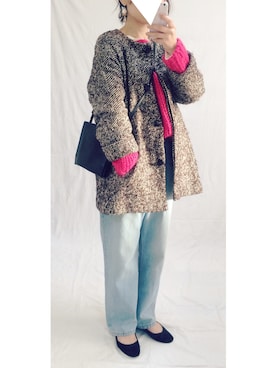 「FRAMeWORK（フレームワーク）のアイテム（ノーカラージャケット）」を使った、虚構さんさん（レディース・154cm）の冬コーディネート