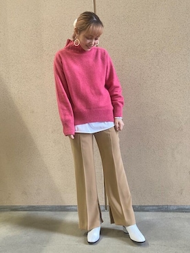 「アイテム（パンツ、イエロー系）」を使った、吉田さん（レディース・158cm）の冬コーディネート