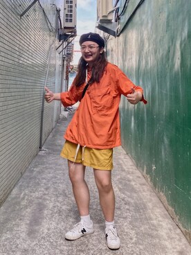 「アイテム（カーゴパンツ、イエロー系）」を使った、Hsuanさん（レディース・170cm）の春コーディネート