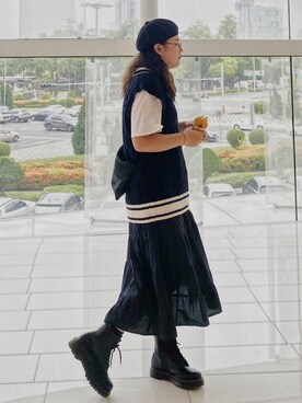 「通勤穿搭」｜「アイテム（ハンチング/ベレー帽）」を使った、Hsuanさん（レディース・170cm）の秋コーディネート