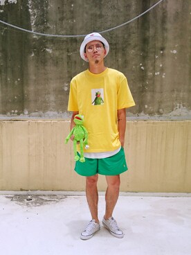 「アイテム（サンバイザー、ホワイト系）」を使った、Byeさん（メンズ・180cm）の夏コーディネート