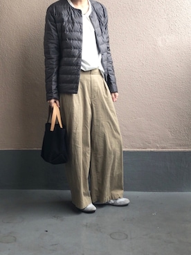 「studio CLIP（スタディオクリップ）のコットンリネンストレッチワイドパンツ（その他パンツ）」を使った、yugaさん（レディース・158cm）の秋コーディネート