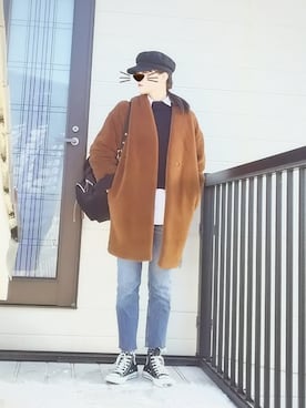 「切りっぱなしデニム」｜「アイテム（ノーカラージャケット）」を使った、miminyさん（レディース・171cm）の冬コーディネート