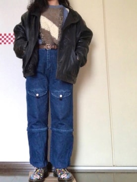 「古着女子」｜「アイテム（ライダースジャケット）」を使った、まもさん（レディース・158cm）の冬コーディネート