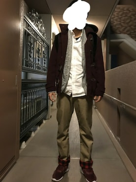 「アイテム（ダッフルコート、レッド系）」を使った、ソラさん（メンズ・170cm）の秋コーディネート