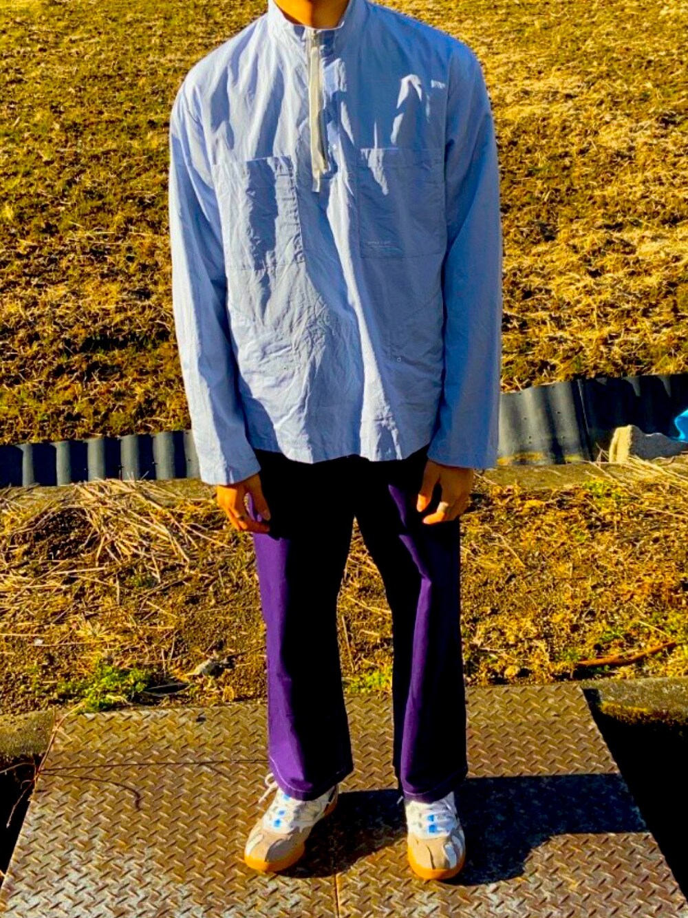 「今日のコーデ、おしゃれさんと繋がりたい、portvel、UNUSED、rassvet、Maison Margiela、versace、はるコーデ」｜「PORTVELの＜PORTVEL＞ HF ZIP PO SHT/プルオーバーシャツ（シャツ/ブラウス、ブルー系）」を使った、服輝さん（メンズ・178cm）の冬コーディネートの1枚目の写真
