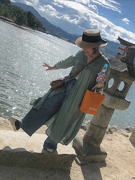 「ストローハット」｜「アイテム（シャツワンピース）」を使った、なつあんさん（レディース・153cm）の夏コーディネート