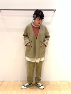 「LAKOLE（ラコレ）のアイテム（ノーカラージャケット）」を使った、なつあんさん（レディース・153cm）の冬コーディネート