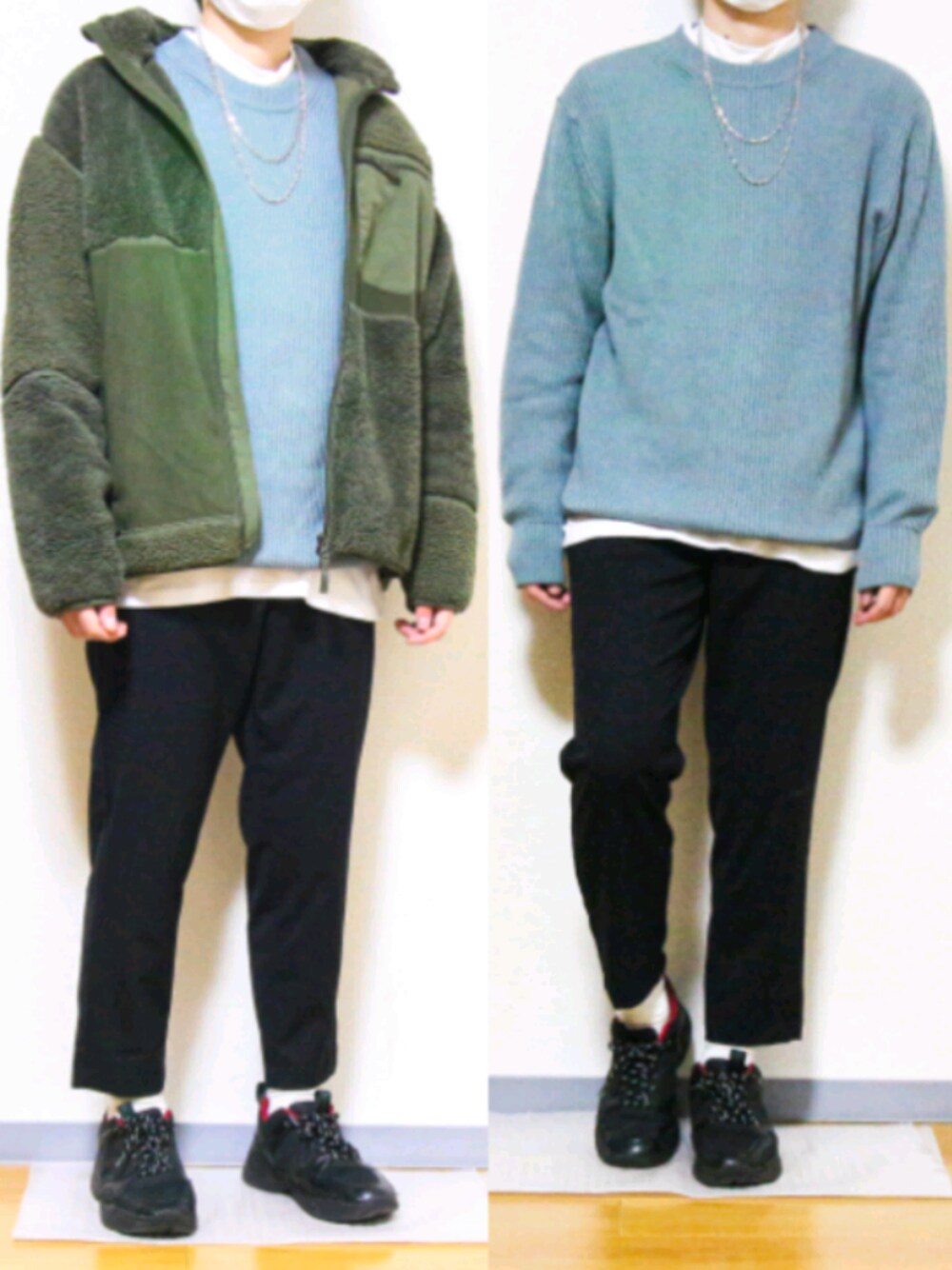 グリーン系のその他アウター、ブルー系のニット/セーター、ホワイト系のトップスを着用したメンズの冬コーディネートの1枚目の写真