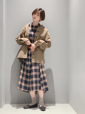 「チェック柄に恋してる」｜「アイテム（ノーカラージャケット）」を使った、hikaruさん（レディース・160cm）の秋コーディネート