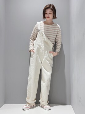 「アイテム（オールインワン・サロペット、ホワイト系）」を使った、hikaruさん（レディース・160cm）の冬コーディネート