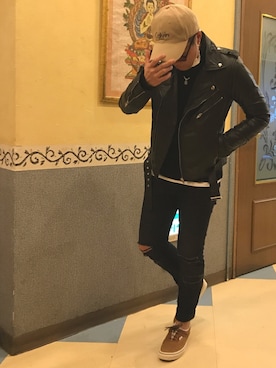 「jiggys shop（ジギーズショップ）のアイテム（ライダースジャケット）」を使った、🇺🇸INC🧸さん（メンズ・165cm）の冬コーディネート