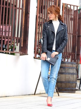 「アイテム（ライダースジャケット）」を使った、kaminさん（レディース・160cm）の冬コーディネート