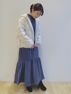 「earth music&ecology（アースミュージックアンドエコロジー）のパウダー綿ショートブルゾン　＊（ブルゾン）」を使った、chaki さん（レディース・159cm）の秋コーディネート