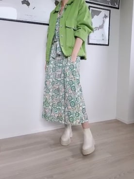 「アイテム（デニムジャケット、グリーン系）」を使った、parishsstoreさん（レディース・158cm）の春コーディネート