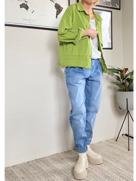「アイテム（デニムジャケット、グリーン系）」を使った、parishsstoreさん（レディース・158cm）の春コーディネート