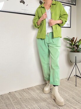 「アイテム（デニムジャケット、グリーン系）」を使った、parishsstoreさん（レディース・158cm）の春コーディネート