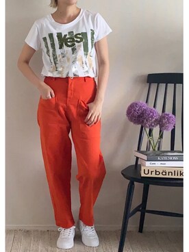 「アイテム（チノパンツ、オレンジ系）」を使った、parishsstoreさん（レディース・158cm）の春コーディネート