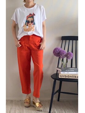 「アイテム（チノパンツ、オレンジ系）」を使った、parishsstoreさん（レディース・158cm）の春コーディネート