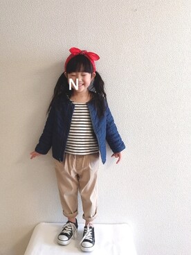 「GAP（ギャップ）のアイテム（ノーカラージャケット）」を使った、NATSUさん（キッズ・100cm）の春コーディネート