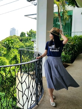 「roots（ルーツ）のアイテム（トップス）」を使った、張蘋さん（レディース・160cm）の夏コーディネート