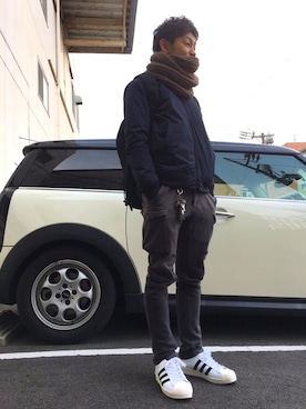 「アイテム（ストール/ショール、ブラウン系）」を使った、ボマイェさん（メンズ・163cm）の冬コーディネート